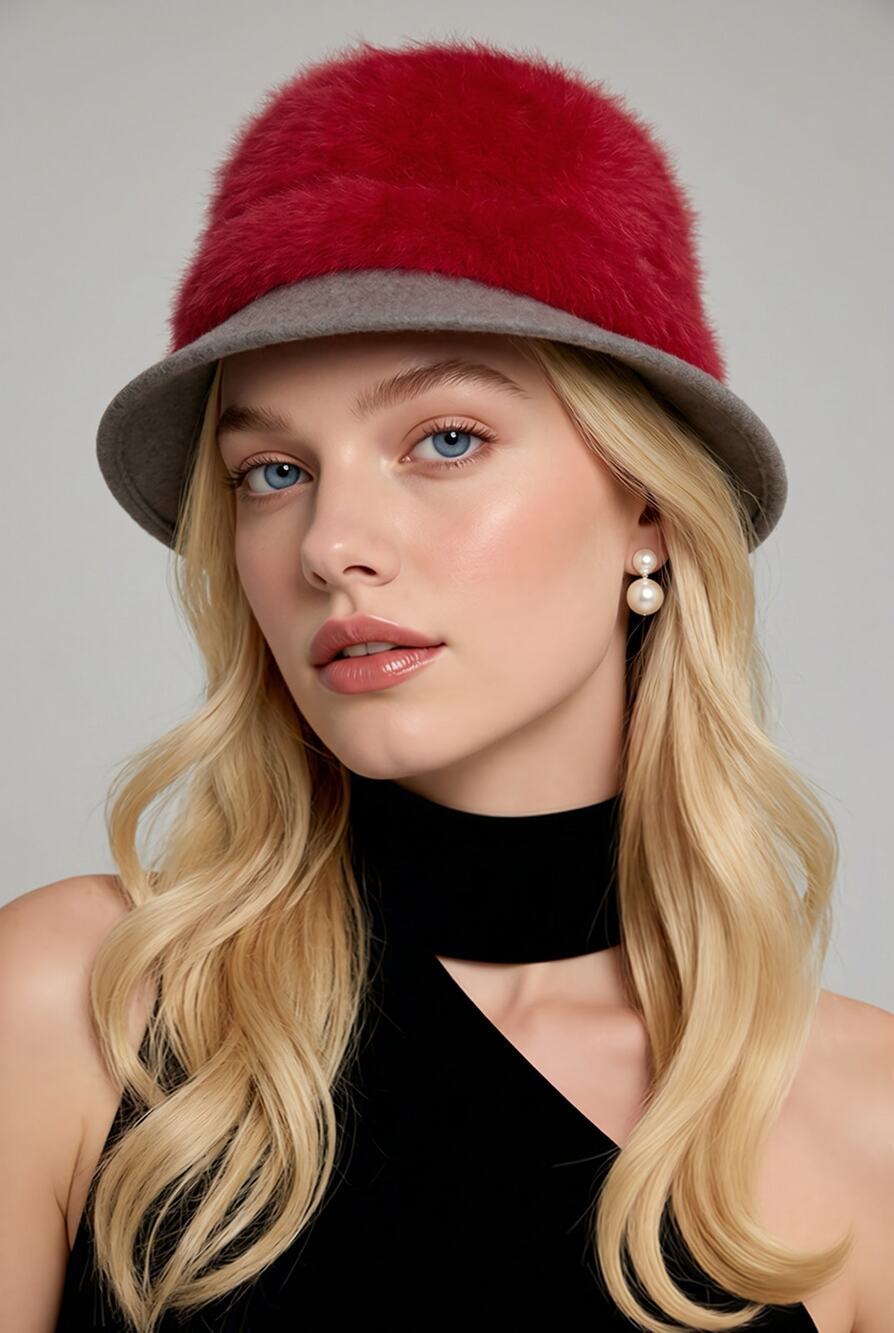 Fuzzy Red Angora Taupe Wool Italian Fedora Ladylike Statement Hat Capogiro NWOT